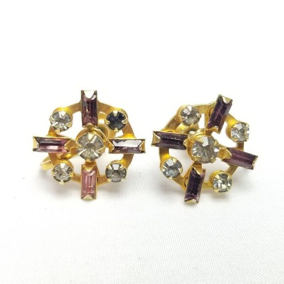 Vintage Purple Rhinestone Clip On Earrings, Gold Tone Screw Back Setting - Picture 7 of 7